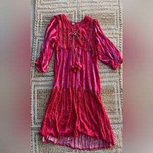 Blank London Boho Cottagecore Midi Dress Red Pink Pom Pom Tie Medium fairycore